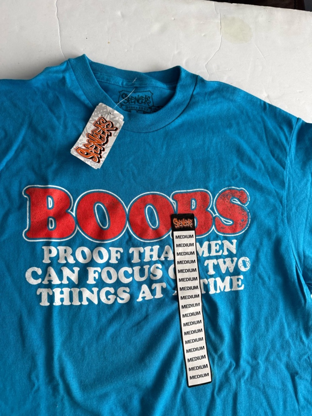 Spencer's Bright Blue Graphic Tee with Red & White 'BOOBS' Slogan